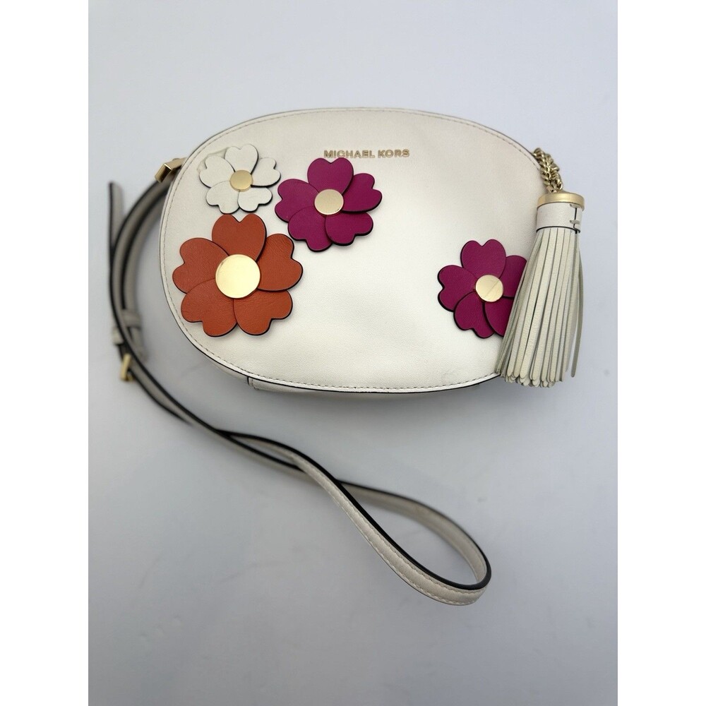 Michael Kors Floral Applique Crossbody Bag White Leather Chain Strap Tassel - Picture 7 of 12